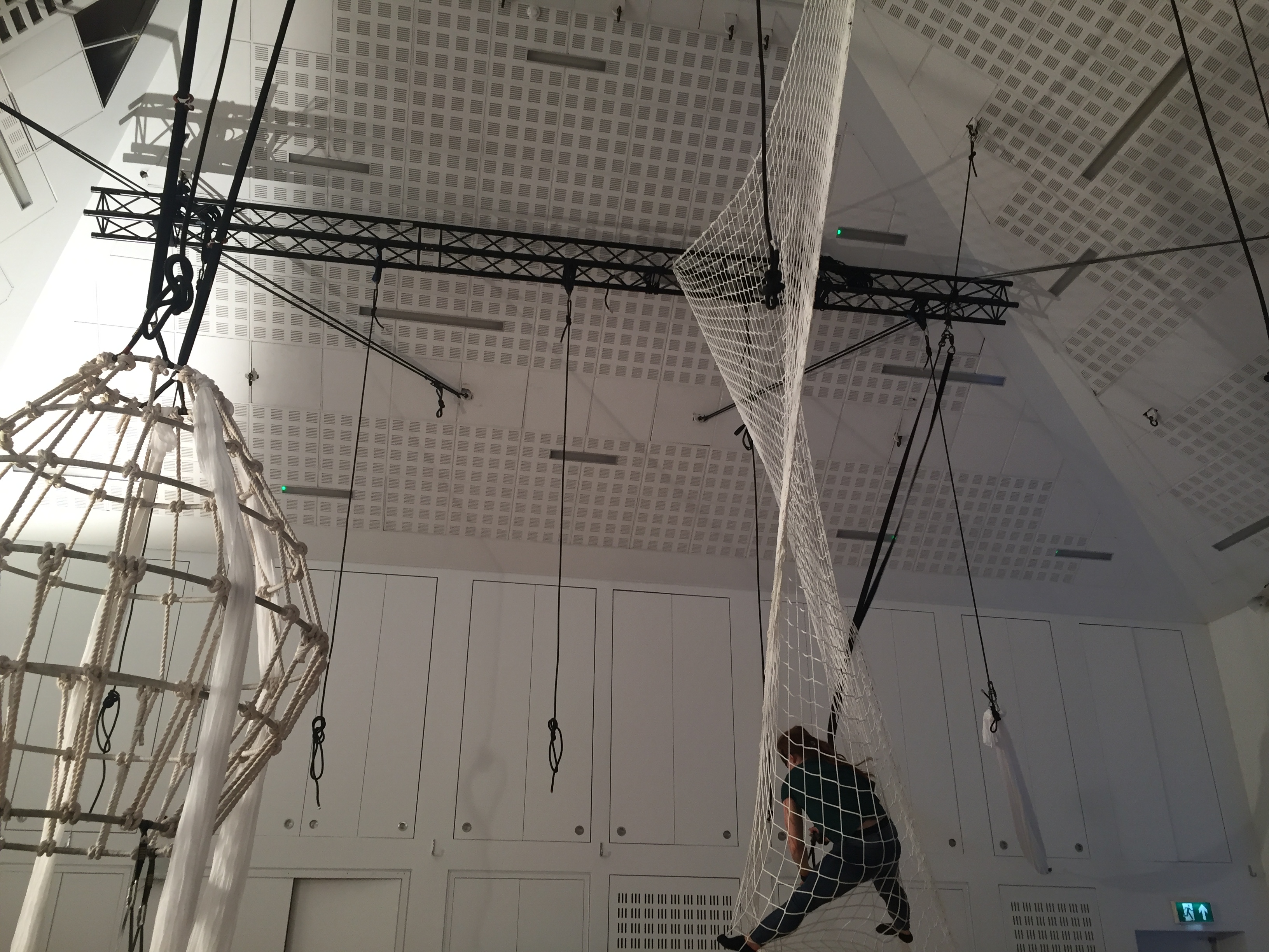 Aerial dance performer in netting suspended from ceiling in Creation Space