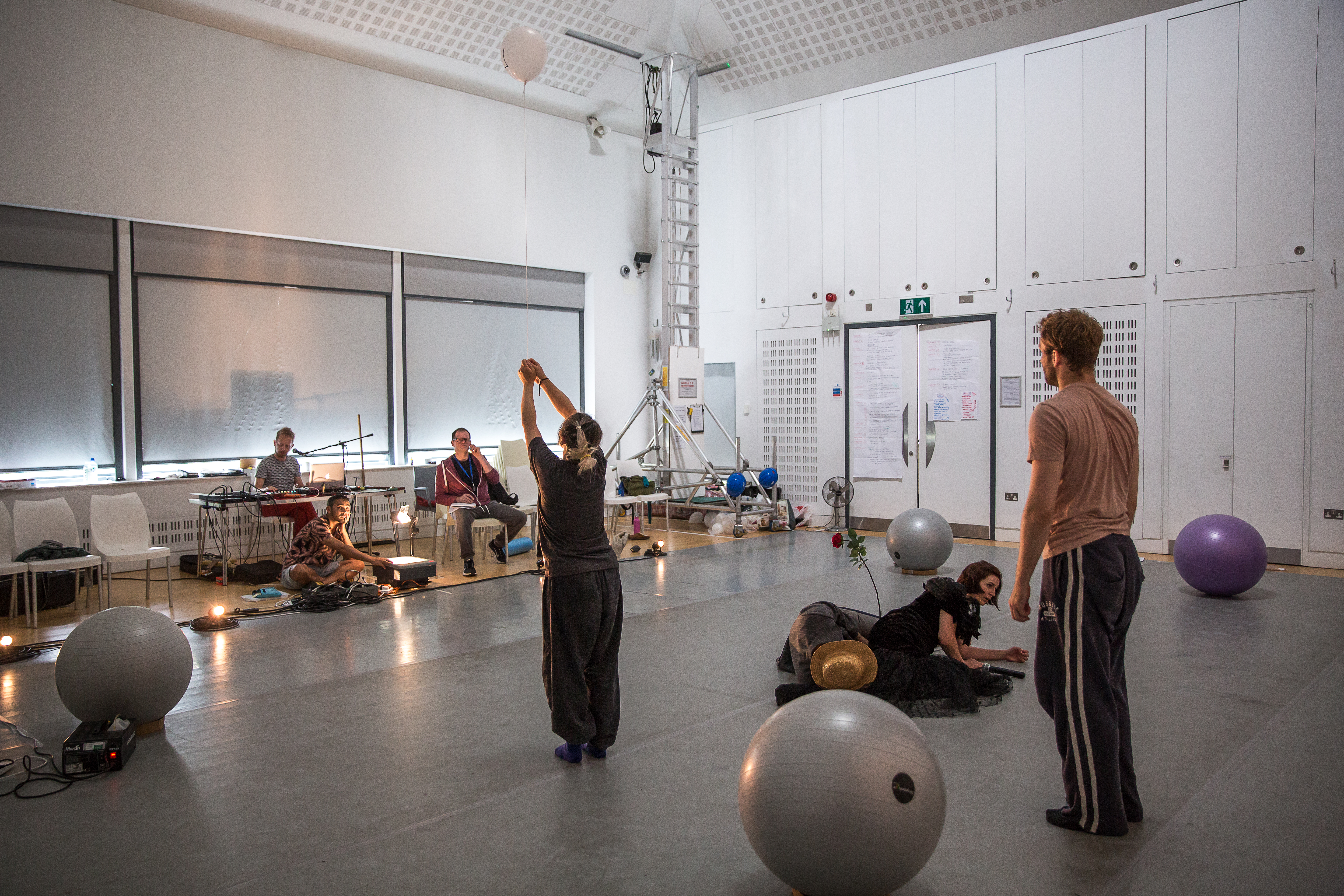Protein Dance rehearsing in Creation Space with performers, musicians and choreographer